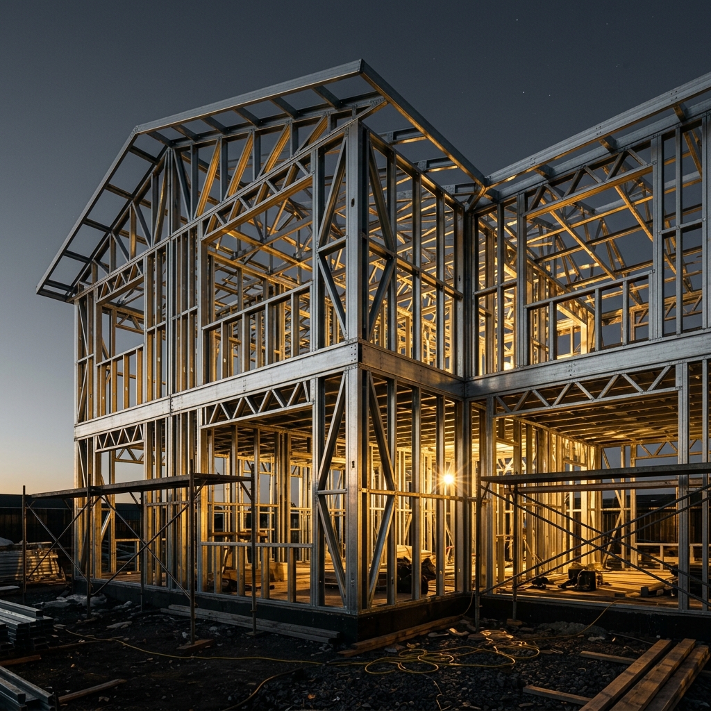 Obra de casa moderna em Steel Frame com perfis de aço galvanizado sob iluminação dramática